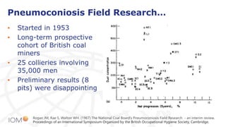 Pneumoconiosis Field Research…
• Started in 1953
• Long-term prospective
cohort of British coal
miners
• 25 collieries involving
35,000 men
• Preliminary results (8
pits) were disappointing
Rogan JM, Rae S, Walton WH. (1967) The National Coal Board’s Pneumoconiosis Field Research - an interim review.
Proceedings of an International Symposium Organized by the British Occupational Hygiene Society, Cambridge.
 