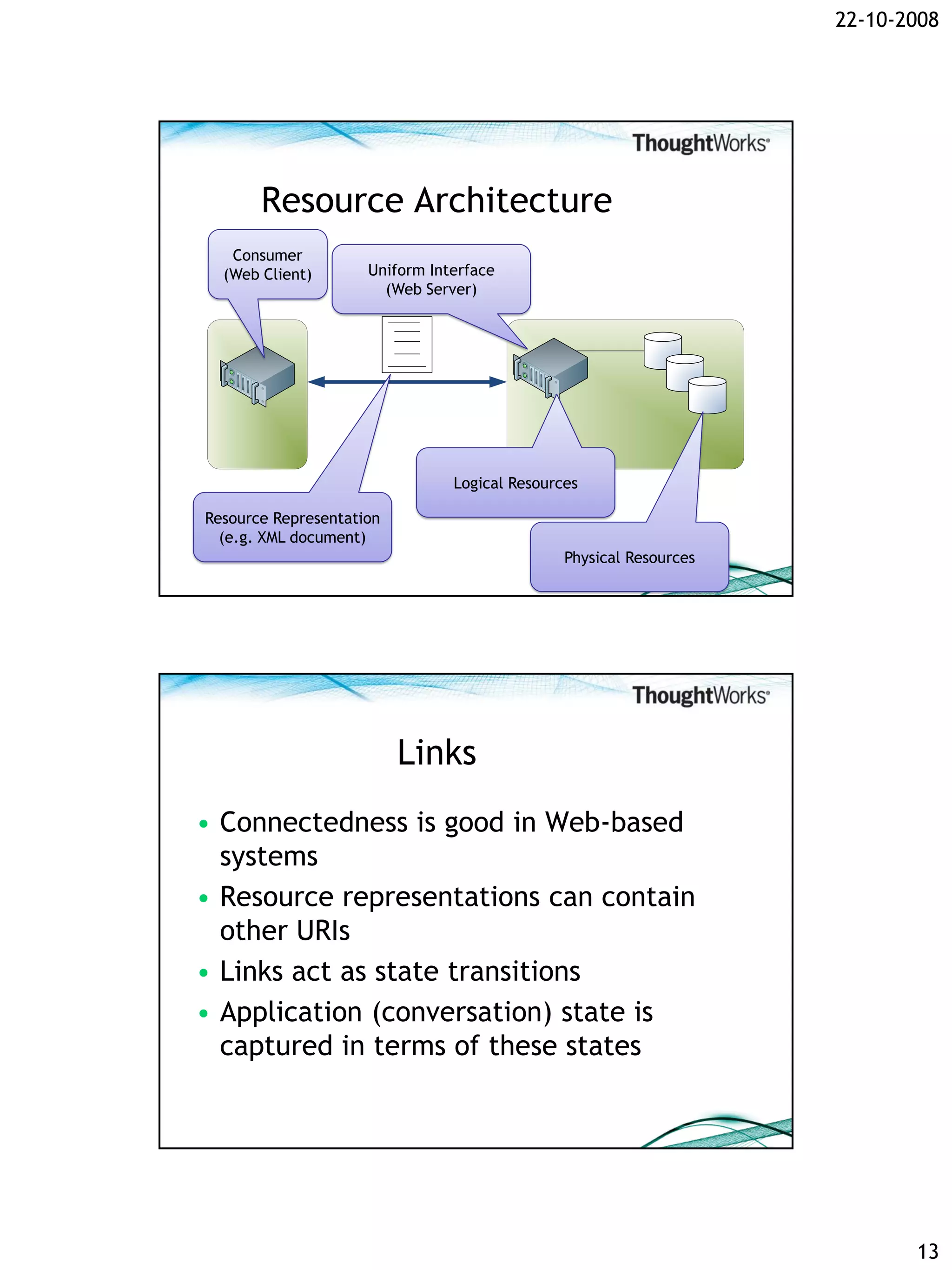 22-10-2008




       Resource Architecture
   Consumer
  (Web Client)       Uniform Interface
                       (Web Server)




                                Logical Resources

Resource Representation
  (e.g. XML document)
                                               Physical Resources




                          Links
• Connectedness is good in Web-based
  systems
• Resource representations can contain
  other URIs
• Links act as state transitions
• Application (conversation) state is
  captured in terms of these states




                                                                           13
 