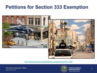 Federal Aviation
Administration
FAA UAS Integration Office
April 29, 2015
3
www.faa.gov/uas
Petitions for Section 333 Exemption
http://www.faa.gov/uas/legislative_programs/section_333/
 