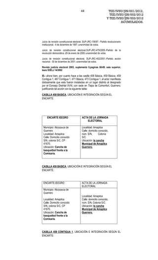 44                          TEE/IVSU/JIN/001/2012,
                                                                      TEE/IVSU/JIN/002/2012
                                                                    Y TEE/IVSU/JIN/003/2012
                                                                             ACUMULADOS.




Juicio de revisión constitucional electoral. SUP-JRC-158/97.- Partido revolucionario
institucional.- 4 de diciembre de 1997.-unanimidad de votos.

Juicio de revisión constitucional electoral.SUP-JRC-479/2000.-Partido de la
revolución democrática.-29 de enero de 2000.-unanimidad de votos.

Juicio de revisión constitucional electoral. SUP-JRC-402/2001.-Partido acción
nacional.- 30 de diciembre de 2001.-unanimidad de votos.

Revista justicia electoral 2003, suplemento 6,paginas 68-69, sala superior,
tesis S3ELJ 14/2002

III.- ahora bien, por cuanto hace a las casilla 458 Básica, 459 Básica, 459
Contigua 1, 467 Contigua 1, 471 Básica, 473 Contigua 1, el actor manifiesta
dolosamente que esta fueron instaladas en un lugar distinto al designado
por el Consejo Distrital XVIII, con sede en Tlapa de Comonfort, Guerrero;
justificando tal acción con la siguiente tabla:

CASILLA 458 BASICA, UBICACIÓN E INTEGRACIÓN SEGÚN EL
ENCARTE:




     ENCARTE IEEGRO                       ACTA DE LA JORNADA
                                              ELECTORAL

 Municipio: Alcozauca de                  Localidad: Amapilca
 Guerrero                                 Calle: domicilio conocido,
 Localidad: Amapilca                      núm. S/N,        Colonia
 Calle: Domicilio conocido                S/C.
 S/N, colonia S/C, CP                     Ubicación: la cancha
 41670.                                   Municipal de Amapilca
 Ubicación: Cancha de                     Guerrero.
 basquetbol frente a la
 Comisaria.



CASILLA 459 BASICA, UBICACIÓN E INTEGRACIÓN SEGÚN EL
ENCARTE:



 ENCARTE IEEGRO                           ACTA DE LA JORNADA
                                          ELECTORAL
 Municipio: Alcozauca de
 Guerrero
                                          Localidad: Amapilca
 Localidad: Amapilca                      Calle: domicilio conocido,
 Calle: Domicilio conocido                núm. S/N, Colonia S/C.
 S/N, colonia S/C, CP                     Ubicación: la cancha
 41670.                                   Municipal de Amapilca
 Ubicación: Cancha de                     Guerrero.
 basquetbol frente a la
 Comisaria.



CASILLA 459 CONTIGUA 1, UBICACIÓN E INTEGRACIÓN SEGÚN EL
ENCARTE:
 