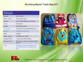 © 2006-2014 Jinan Runhang Textile Co.,Ltd All Rights Reserved
RunHang-Beach Towle Bag-001
Reference price
(FOB QingDao)
$3.89-$7.59
Material 100% Cotton
Fabric / Cloth Terry/Velour cloth
Technics Screen Printing(Reactive Printing)
Design Customized
Weight 280-450grams/gsm
Towel Size 70x140cm,76x152cm,80x160cm,etc.
Bag Size 30x40cm,35x45cm,etc.
MOQ 3,000pcs
Supply Ability 100,000pcs per month
Packing Details 1 pc per individual packing
Payment Terms 30% deposit and pay the balance before
delivery
Notes The bag is sewed on the back of the
towel.The towel can be folded in the
bag.
 