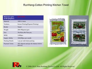 © 2006-2014 Jinan Runhang Textile Co.,Ltd All Rights Reserved
RunHang-Cotton Printing Kitchen Towel
Reference price
(FOB QingDao)
$0.37-$0.92
Material 100% Cotton
Technics Screen Printing(Pigment Printing)
Border Tassel
Weight 200-300grams/gsm
Size 30x50cm,40x70cm,etc.
MOQ 3,000pcs
Supply Ability 100,000pcs per month
Packing Details 1 pc per individual packing
Payment Terms 30% deposit and pay the balance before
delivery
 