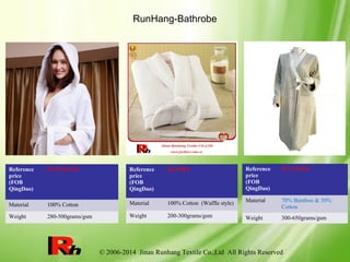 © 2006-2014 Jinan Runhang Textile Co.,Ltd All Rights Reserved
RunHang-Bathrobe
Reference
price
(FOB
QingDao)
$7.99-$12.99
Material 100% Cotton
Weight 280-500grams/gsm
Reference
price
(FOB
QingDao)
$11.9-$24.8
Material 70% Bamboo & 30%
Cotton
Weight 300-650grams/gsm
Reference
price
(FOB
QingDao)
$4.9-$8.9
Material 100% Cotton (Waffle style)
Weight 200-300grams/gsm
 