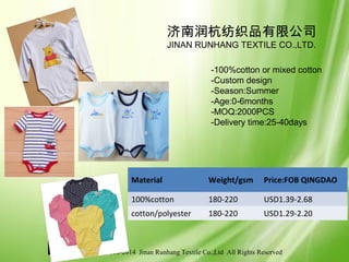 © 2006-2014 Jinan Runhang Textile Co.,Ltd All Rights Reserved
济南润杭纺织品有限公司
JINAN RUNHANG TEXTILE CO.,LTD.
Material Weight/gsm Price:FOB QINGDAO
100%cotton 180-220 USD1.39-2.68
cotton/polyester 180-220 USD1.29-2.20
-100%cotton or mixed cotton
-Custom design
-Season:Summer
-Age:0-6months
-MOQ:2000PCS
-Delivery time:25-40days
 