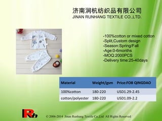 © 2006-2014 Jinan Runhang Textile Co.,Ltd All Rights Reserved
Material Weight/gsm Price:FOB QINGDAO
100%cotton 180-220 USD1.29-2.45
cotton/polyester 180-220 USD1.09-2.2
济南润杭纺织品有限公司
JINAN RUNHANG TEXTILE CO.,LTD.
-100%cotton or mixed cotton
-Split,Custom design
-Season:Spring/Fall
-Age:0-6months
-MOQ:2000PCS
-Delivery time:25-40days
 