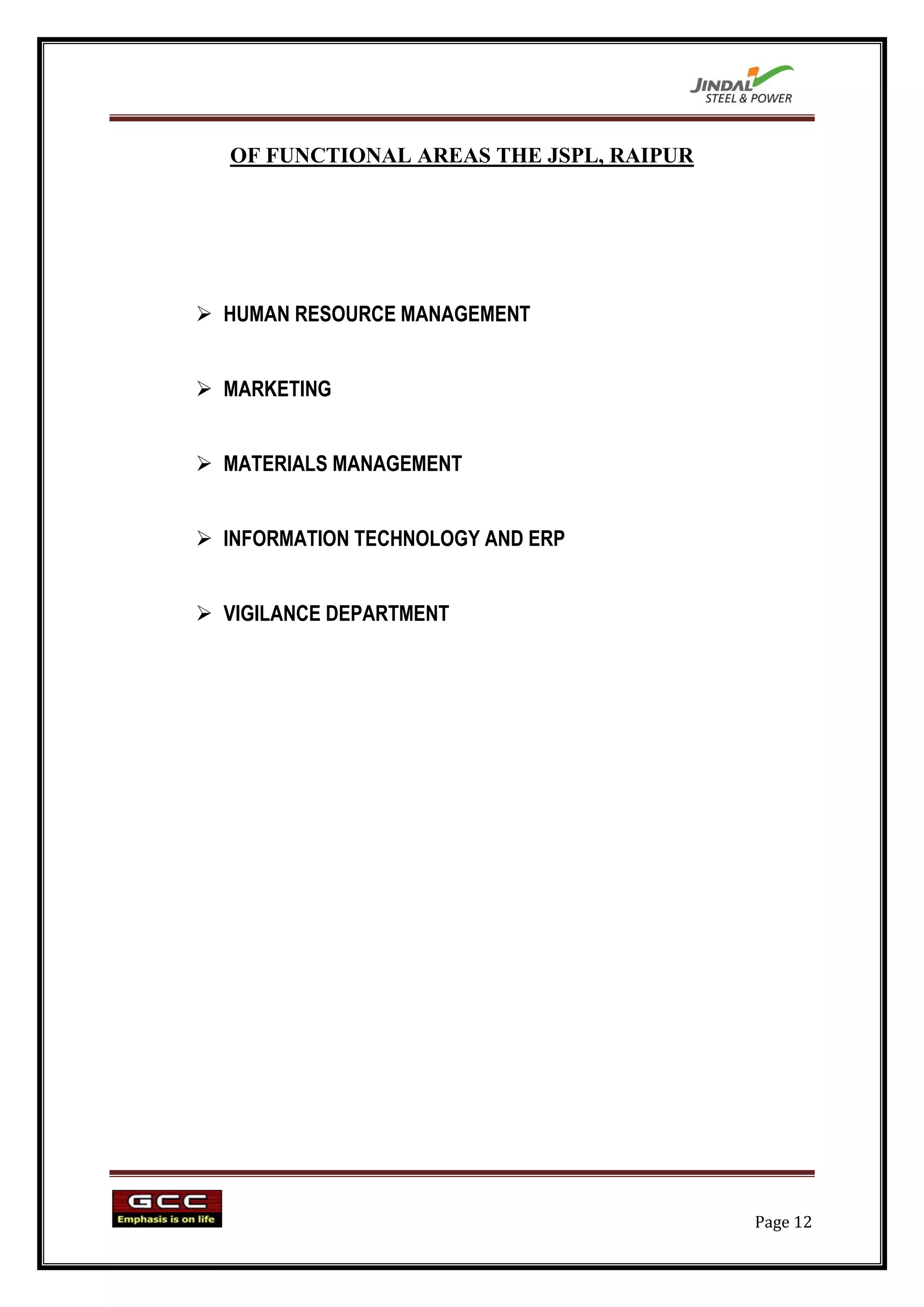 OF FUNCTIONAL AREAS THE JSPL, RAIPUR




 HUMAN RESOURCE MANAGEMENT


 MARKETING


 MATERIALS MANAGEMENT


 INFORMATION TECHNOLOGY AND ERP


 VIGILANCE DEPARTMENT




                                         Page 12
 