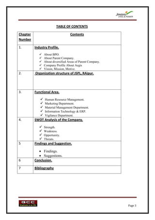 TABLE OF CONTENTS

Chapter                             Contents
Number

1.        Industry Profile.
                About BPO.
                About Parent Company.
                About diversified Areas of Parent Company.
                Company Profile About Aegis
                Vision, Mission, Motive.
2.        Organization structure of JSPL, RAipur.




3.        Functional Area.

             Human Resource Management.
             Marketing Department.
             Material Management Department.
             Information Technology & ERP.
             Vigilance Department.
4.        SWOT Analysis of the Company.

              Strength.
              Weakness.
              Opportunity.
              Threats.
5         Findings and Suggestion.

                Findings.
                Suggestions.
6         Conclusion.

7         Bibliography




                                                              Page 3
 