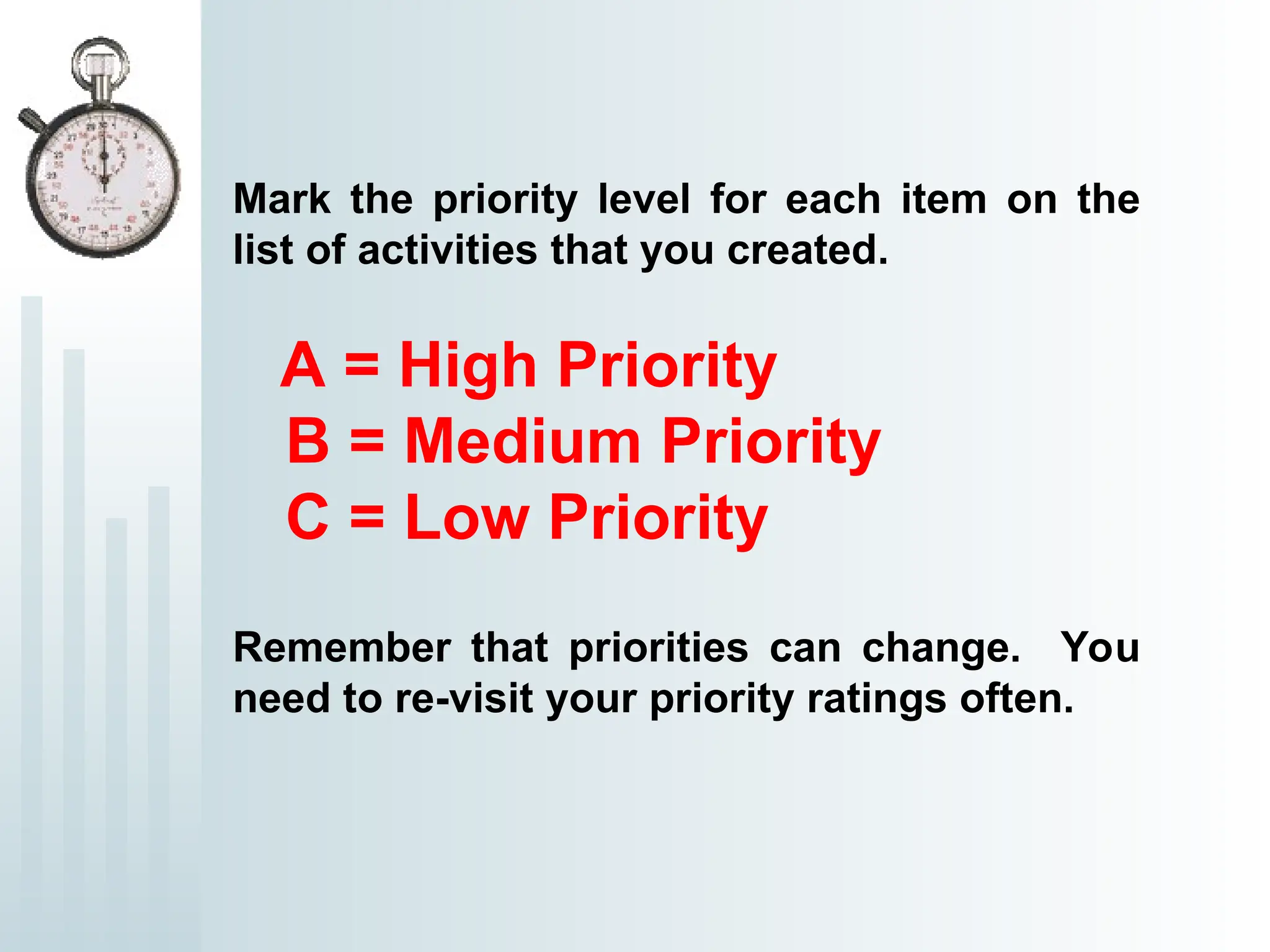 Mark the priority level for each item on the
list of activities that you created.
A = High Priority
B = Medium Priority
C = Low Priority
Remember that priorities can change. You
need to re-visit your priority ratings often.
 