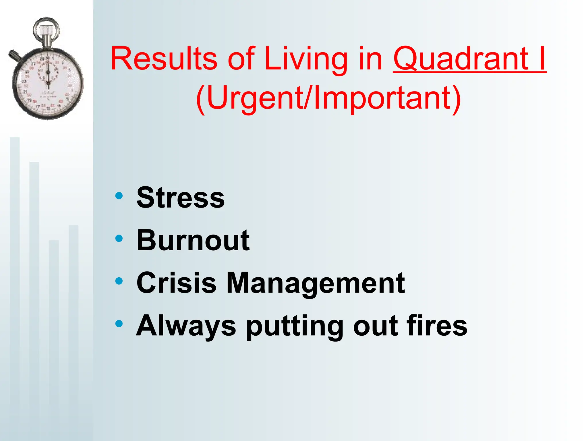 Results of Living in Quadrant I
(Urgent/Important)
• Stress
• Burnout
• Crisis Management
• Always putting out fires
 