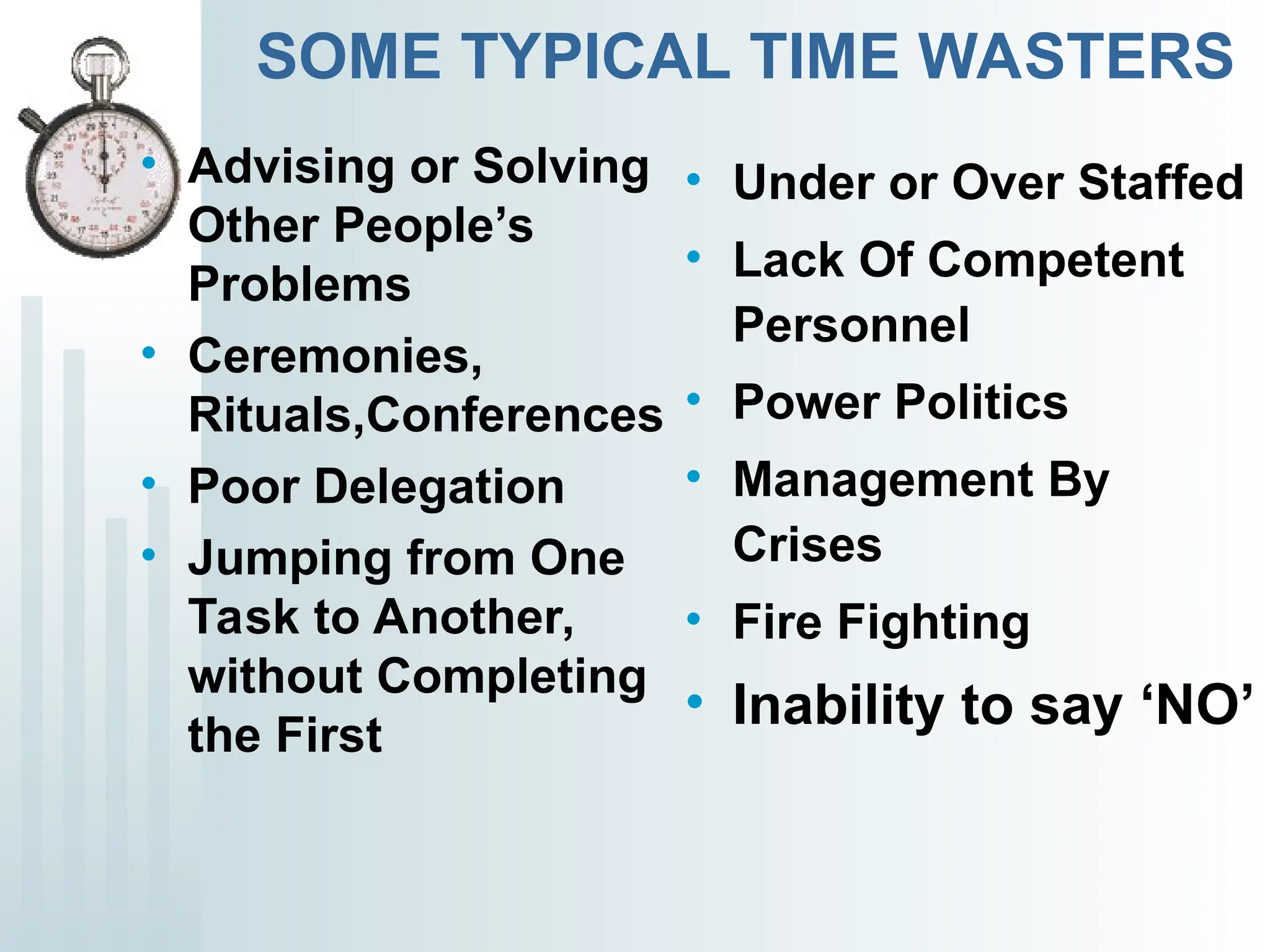 SOME TYPICAL TIME WASTERS
• Advising or Solving
Other People’s
Problems
• Ceremonies,
Rituals,Conferences
• Poor Delegation
• Jumping from One
Task to Another,
without Completing
the First
• Under or Over Staffed
• Lack Of Competent
Personnel
• Power Politics
• Management By
Crises
• Fire Fighting
• Inability to say ‘NO’
 