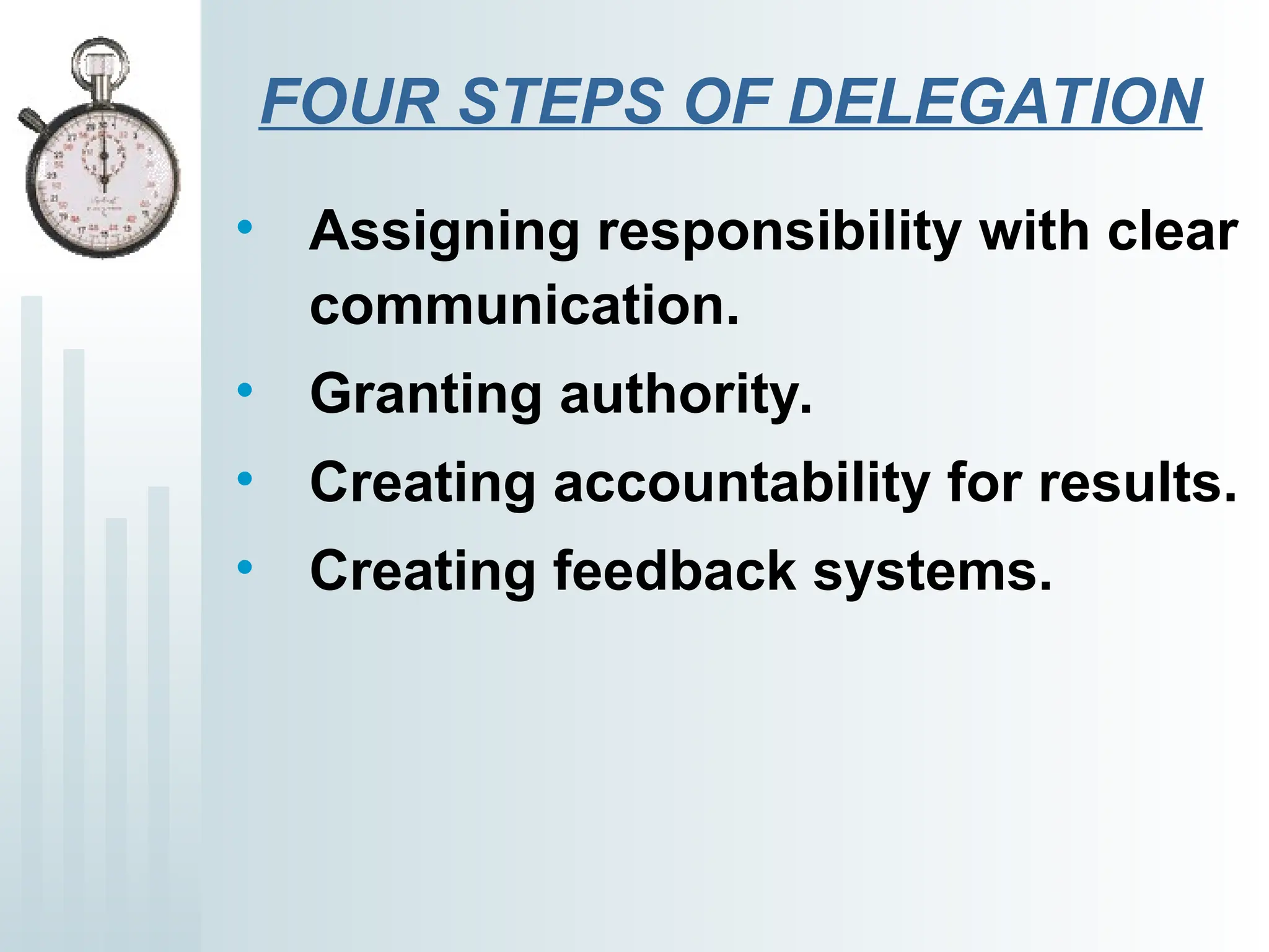 FOUR STEPS OF DELEGATION
• Assigning responsibility with clear
communication.
• Granting authority.
• Creating accountability for results.
• Creating feedback systems.
 