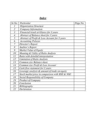 Index
Sr.No. Particular Page No.
1 Organization Structure
2 Company Information
3 Financial result at Glance for 3 years
4 Abstract of Balance sheet for 3 years
5 Abstract of Profit & Loss Account for 3 years
6 Accounting Policies
7 Director’s Report
8 Auditor’s Report
9 Market Value of Equity
10 Meaning & Utility of Ratio Analysis
11 Ratio with detailed interpretation
12 Limitation of Ratio Analysis
13 Common size Balance sheet
14 Common size Profit & Loss Account
15 Cash flow statement for 3 years
16 Leverage analysis & amount of trade on equity
17 Stock market price in comparison with BSE & NSE
18 Social Responsibility of Company
19 Product of Company
20 Conclusion
21 Bibliography
22 Declaration
 