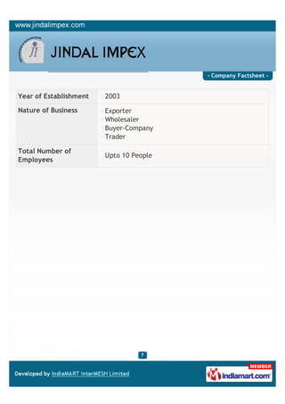 - Company Factsheet -


Year of Establishment   2003

Nature of Business      Exporter
                        Wholesaler
...