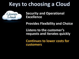 Keys to choosing a CloudSecurity and OperationalExcellenceProvides Flexibility and ChoiceListens to the customer’s requests and iterates quickly