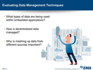 Evaluating Data Management Techniques
• What types of data are being used
within embedded applications?
• How is decentralized data
managed?
• Why is mashing up data from
different sources important?
Slide 12 © 2015 Enterprise Management Associates, Inc.
 