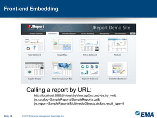 Front-end Embedding
Slide 16 © 2015 Enterprise Management Associates, Inc.
Calling a report by URL:
http://localhost:8888/jinfonet/tryView.jsp?jrs.cmd=jrs.try_vw&
jrs.catalog=SampleReports/SampleReports.cat&
jrs.report=SampleReports/MultimediaObjects.cls&jrs.result_type=8
 