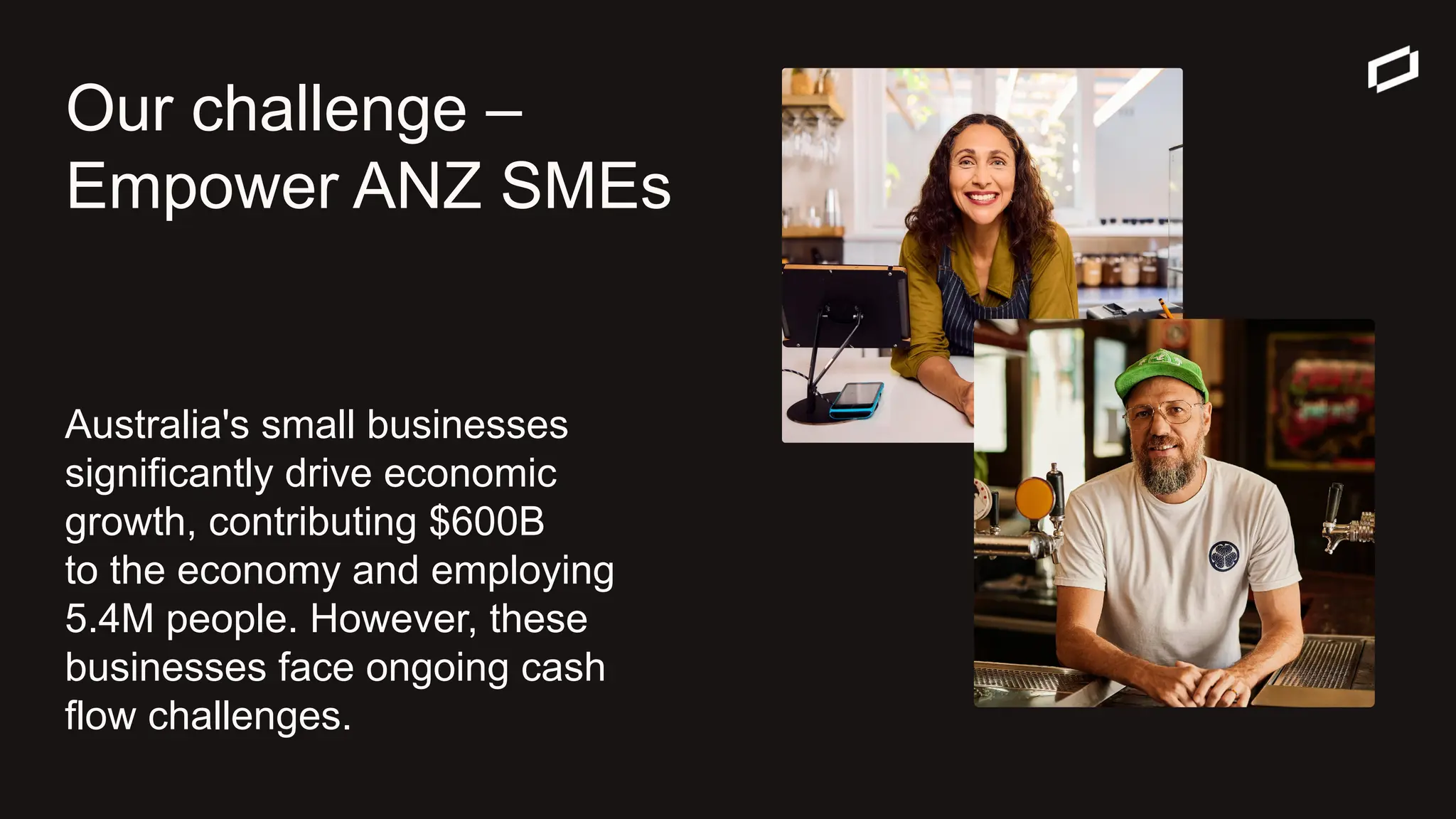 ● Identity resolution
● through graphs
Jin Foo
Head of Data & Analytics
Prospa
Our challenge –
Empower ANZ SMEs
Australia's small businesses
significantly drive economic
growth, contributing $600B
to the economy and employing
5.4M people. However, these
businesses face ongoing cash
flow challenges.
 