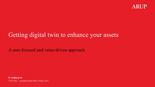 Getting digital twin to enhance your assets
A user-focused and value-driven approach
Dr Jingfeng Xu
22/03/2023 – Australian Smart Water Utilities 2023
 