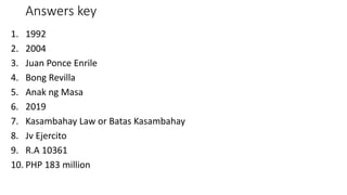 Answers key
1. 1992
2. 2004
3. Juan Ponce Enrile
4. Bong Revilla
5. Anak ng Masa
6. 2019
7. Kasambahay Law or Batas Kasambahay
8. Jv Ejercito
9. R.A 10361
10. PHP 183 million
 