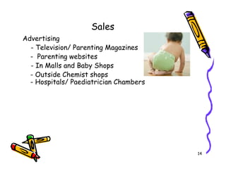 Sales
Advertising
- Television/ Parenting Magazines
- Parenting websites
- In Malls and Baby Shops
- Outside Chemist shops
- Hospitals/ Paediatrician Chambers
14
 