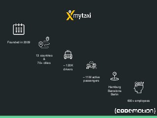 Founded in 2009
13 countries
&
70+ cities
~ 120K
drivers
~ 11M active
passengers
Hamburg
Barcelona
Berlin
600+ employees
 