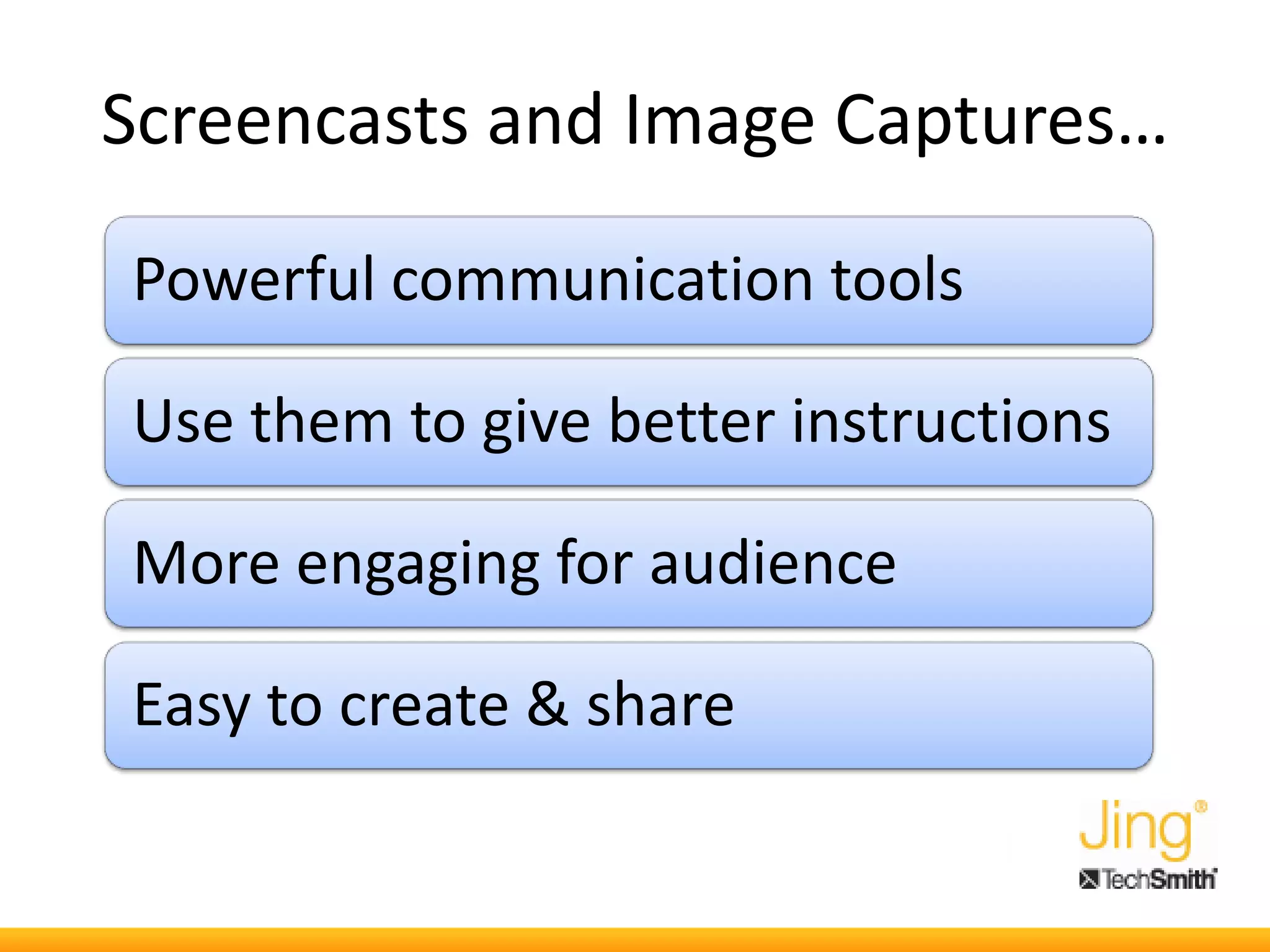 Screencasts and Image Captures…
Powerful communication tools
Use them to give better instructions
More engaging for audience
Easy to create & share
 