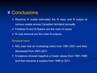 Reactive N model estimated the N input and N output at
various scales across Canadian farmland annually
Fertilizer N and N fixation are the main N inputs
N crop removal are the main N outputs
Conclusions
NO3 loss had an increasing trend from 1981-2001 and then
decreased from 2001-2011
N balance showed negative or lower values from 1981-1995
and then became a surplus from 1996 to 2011
Temporal trend
 