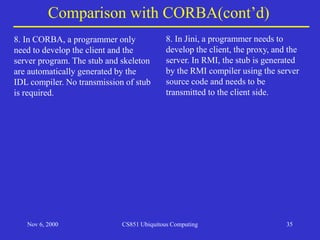 Nov 6, 2000 CS851 Ubiquitous Computing 35
Comparison with CORBA(cont’d)
8. In CORBA, a programmer only
need to develop the client and the
server program. The stub and skeleton
are automatically generated by the
IDL compiler. No transmission of stub
is required.
8. In Jini, a programmer needs to
develop the client, the proxy, and the
server. In RMI, the stub is generated
by the RMI compiler using the server
source code and needs to be
transmitted to the client side.
 