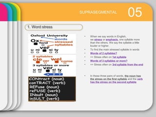05SUPRASEGMENTAL
1. Word stress
• When we say words in English,
we stress or emphasis, one syllable more
than the others. We say the syllable a little
louder or higher.
• To find the main stressed syllable in words
• Words of 2 syllables?
• => Stress often on 1st syllable
• Words of 3 syllables or more?
• => Stress often on 3rd syllable from the end
• In these three pairs of words, the noun has
the stress on the first syllable and the verb
has the stress on the second syllable
 