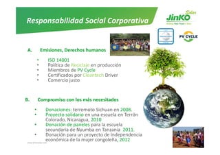 Responsabilidad Social Corporativa


 A.           Emisiones, Derechos humanos
          •      ISO 14001
                 ISO 14001
          •      Política de Reciclaje en producción
          •      Miembros de PV Cycle
          •      Certificados por Cleantech Driver
                              p
          •      Comercio justo


B.        Compromiso con los más necesitados
      •          Donaciones: terremoto Sichuan en 2008.
      •          Proyecto solidario en una escuela en Terrón
                 Colorado, Nicaragua, 2010
      •          Donación de paneles para la escuela
                 secundaria de Nyumba en Tanzania 2011
                            de Nyumba en Tanzania  2011.
      •          Donación para un proyecto de Independencia 
                 económica de la mujer congoleña, 2012
www.jinkosolar.com                                             35
 