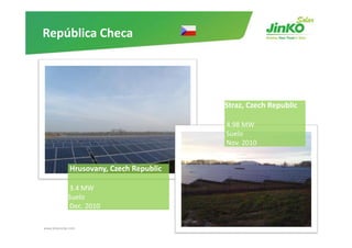 República Checa




                                          Straz, Czech Republic

                                          4.98 MW
                                          4 98 MW
                                          Suelo
                                          Nov. 2010


              Hrusovany, Czech Republic

             3.4 MW
             Suelo
             Dec. 2010

www.jinkosolar.com                                                46
 