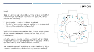 Hotel
Cool or warm air is produced by running air over chilled/hot
water through individually controlled fan coil units, which
provide the following:
- Heating and cooling of ambient air locally
- Control of temperature is easy, precise, and economical
- No need for reliable humidity control
Space conditioning for the hotel area is an air water system,
which supplies air partially conditioned by fresh air and
chilled water.
All water systems require ventilation, which is fully provided
by centrally supplied conditioned fresh air coupled with the
required exhaust from bathrooms and kitchens.
The system is relatively expensive to build as well as maintain
(requires condensation drain, making the system tedious).
SERVICES
t
SUPPLY
RETURN
RETURN
SUPPLY
LEVEL 65-66 (HOTEL)
Return
Supply
Return
 