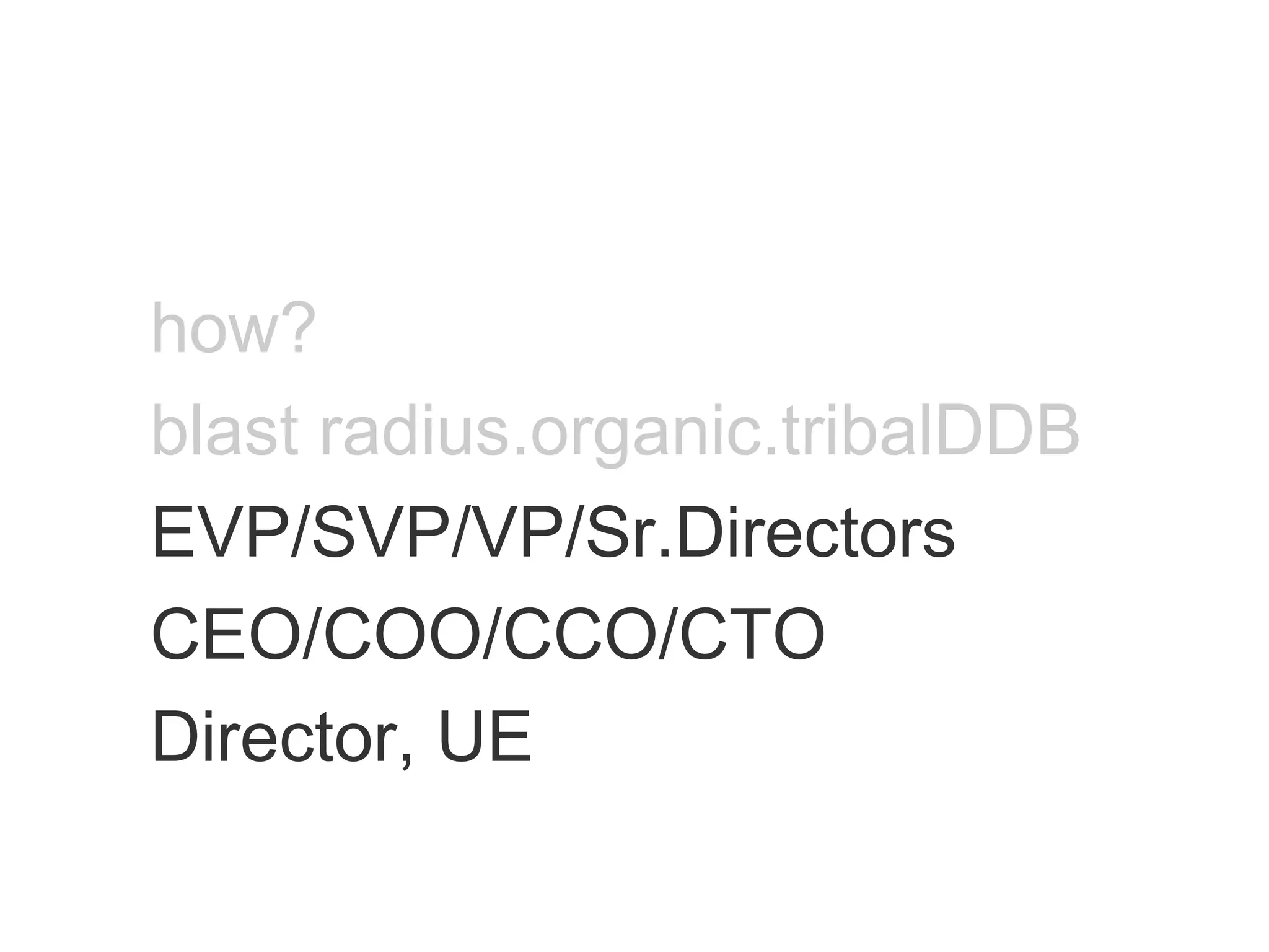 how? blast radius.organic.tribalDDB EVP/SVP/VP/Sr.Directors CEO/COO/CCO/CTO Director, UE 