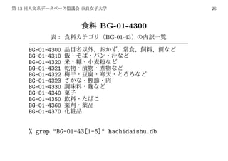 13                                           26



                         BG-01-4300
                           BG-01-43

     BG-01-4300
     BG-01-4310
     BG-01-4320
     BG-01-4321
     BG-01-4322
     BG-01-4323
     BG-01-4330
     BG-01-4340
     BG-01-4350
     BG-01-4360
     BG-01-4370


     % grep "BG-01-43[1-5]" hachidaishu.db
 