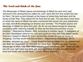 The food and drinkof the jinn
The Messenger of Allaah (peace and blessings of Allaah be upon him) said:
‘Someone from among the jinn called me, and I went with him and recited Qur’aan
for them.’ He took us and showed us the traces of where they had been and the
traces of their fires. They asked him for food and he said, ‘You can have every bone
on which the name of Allaah has been mentioned that comes into your possession,
as meat, and all the droppings as food for your animals.’ The Prophet (peace and
blessings of Allaah be upon him) said, ‘So do not use [these things] for cleaning
yourselves [after relieving oneself], for they are the food and provision of your
brothers.’” (Reported by Muslim, 450). According to another report: “A delegation of
jinn from Naseebeen came to me, and what good jinn they are! They asked me for
food and I prayed to Allaah for them, so that they would not pass by bones or
droppings, but they would find food on them.” (Reported by al-Bukhaari, 3571). 
Narrated: Abdullah bin Umar :: Yahya related to me from Malik from Ibn Shihab from
Abu Bakr ibn Ubaydullah ibn Abdullah ibn Umar from Abdullah ibn Umar that the
Messenger of Allah, may Allah bless him and grant him peace, said, "When you eat,
eat with your right hand and drink with your right hand. shaytan eats with his left
hand and drinks with his left hand." [ Imam Malik's Muwatta ]
 