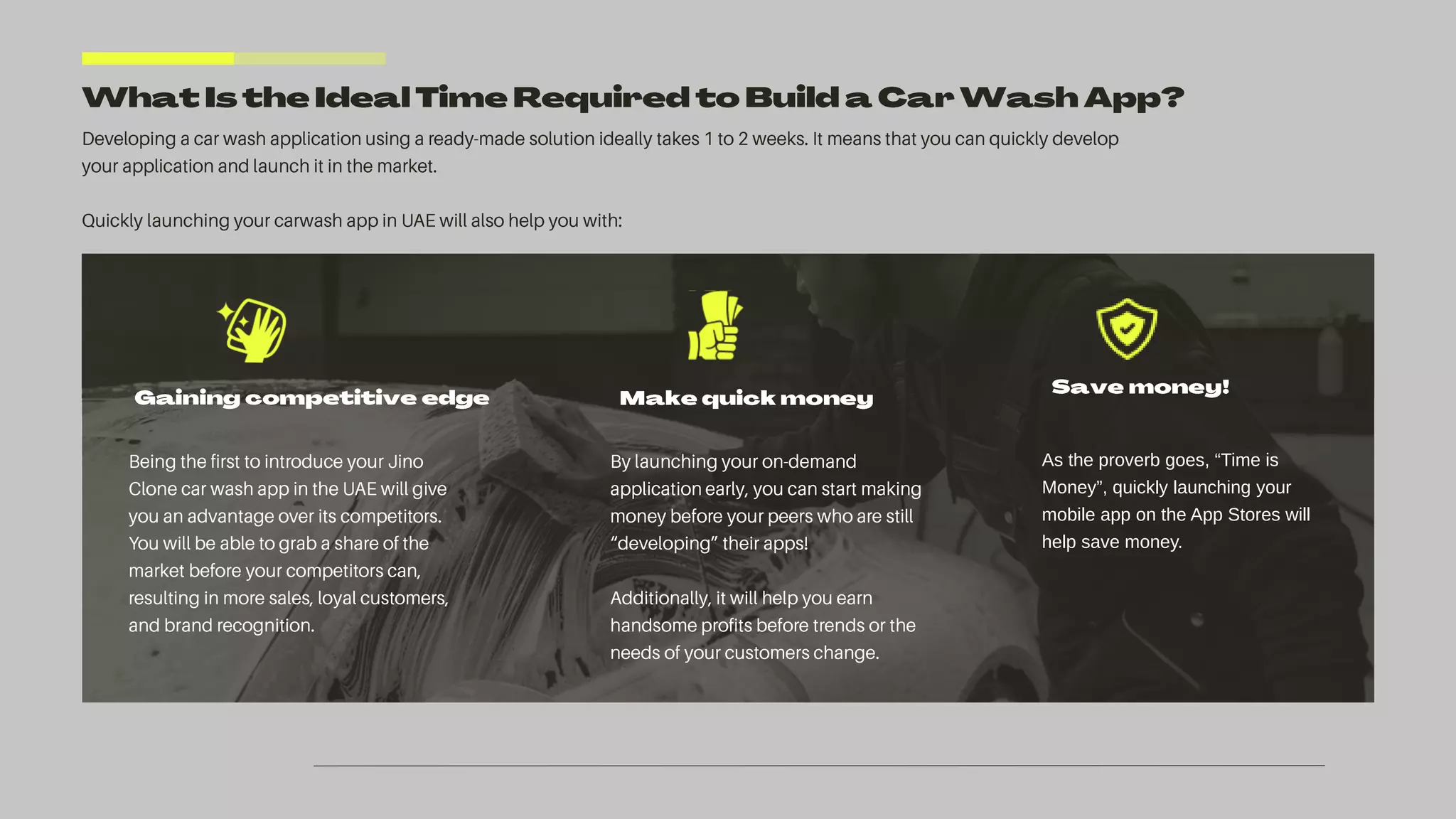 As the proverb goes, “Time is
Money”, quickly launching your
mobile app on the App Stores will
help save money.