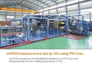 JinTECH reduces errors rate by 13% using PTC Creo
JinTECH moved from Pro/ENGINEER Wildfire 5.0 to PTC Creo and
decreased lead time for modeling fixturing by 6~10%.
 