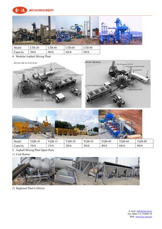 E-mail: info@jinyun.us
Tel: 0086-371-55090778
Web: www.jin-yun.net
Model LTB-20 LTB-40 LTB-60 LTB-80
Capacity 20t/h 40t/h 60t/h 80t/h
4. Modular Asphalt Mixing Plant
Model YQB-10 YQB-15 YQB-20 YQB-30 YQB-40 YQB-60 YQB-80
Capacity 10t/h 15t/h 20t/h 30t/h 40t/h 60t/h 80t/h
5. Asphalt Mixing Plant Spare Parts
1) Coal Burner
2) Baghouse Dust Collector
 
