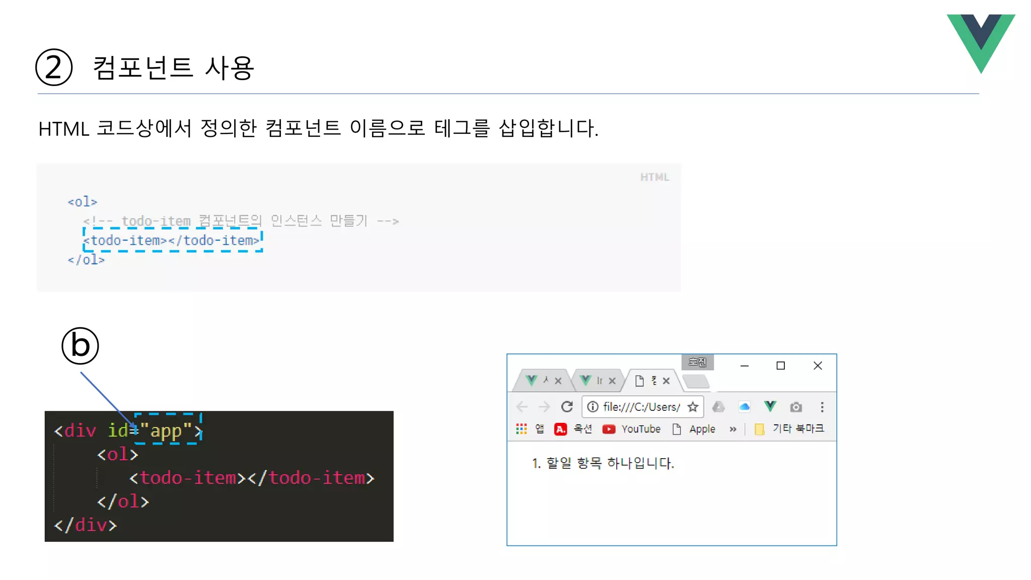 ② 컴포넌트 사용
HTML 코드상에서 정의한 컴포넌트 이름으로 테그를 삽입합니다.
ⓑ
 