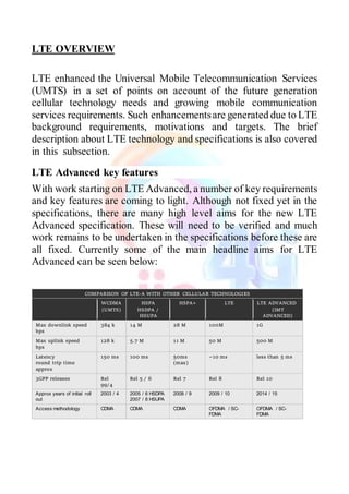 LTE OVERVIEW
LTE enhanced the Universal Mobile Telecommunication Services
(UMTS) in a set of points on account of the future generation
cellular technology needs and growing mobile communication
services requirements. Such enhancementsare generated due to LTE
background requirements, motivations and targets. The brief
description about LTE technology and specifications is also covered
in this subsection.
LTE Advanced key features
With work starting on LTE Advanced, a number of key requirements
and key features are coming to light. Although not fixed yet in the
specifications, there are many high level aims for the new LTE
Advanced specification. These will need to be verified and much
work remains to be undertaken in the specifications before these are
all fixed. Currently some of the main headline aims for LTE
Advanced can be seen below:
COMPARISON OF LTE-A WITH OTHER CELLULAR TECHNOLOGIES
WCDMA
(UMTS)
HSPA
HSDPA /
HSUPA
HSPA+ LTE LTE ADVANCED
(IMT
ADVANCED)
Max downlink speed
bps
384 k 14 M 28 M 100M 1G
Max uplink speed
bps
128 k 5.7 M 11 M 50 M 500 M
Latency
round trip time
approx
150 ms 100 ms 50ms
(max)
~10 ms less than 5 ms
3GPP releases Rel
99/4
Rel 5 / 6 Rel 7 Rel 8 Rel 10
Approx years of initial roll
out
2003 / 4 2005 / 6 HSDPA
2007 / 8 HSUPA
2008 / 9 2009 / 10 2014 / 15
Access methodology CDMA CDMA CDMA OFDMA / SC-
FDMA
OFDMA / SC-
FDMA
 