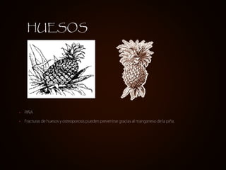 • PIÑA
• Fracturas de huesos y osteoporosis pueden prevenirse gracias al manganeso de la piña.
HUESOS
 