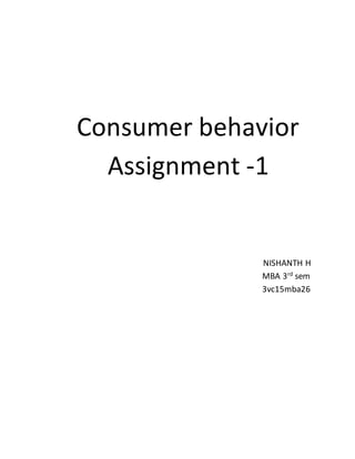 Consumer behavior
Assignment -1
NISHANTH H
MBA 3rd
sem
3vc15mba26
 