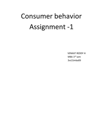 Consumer behavior
Assignment -1
VENKAT REDDY H
MBA 3rd sem
3vc15mba09
 