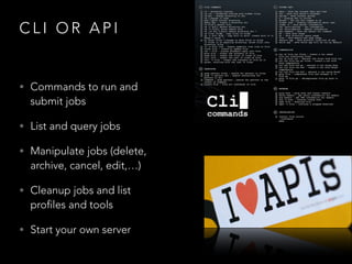 CLI OR API

• Commands to run and

submit jobs

• List and query jobs
• Manipulate jobs (delete,

archive, cancel, edit,…)

• Cleanup jobs and list

profiles and tools

• Start your own server

 