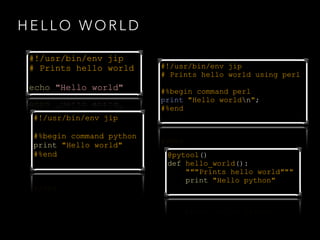 HELLO WORLD
#!/usr/bin/env jip
# Prints hello world
!

echo "Hello world"
#!/usr/bin/env jip
!
#%begin command python
print "Hello world"
#%end

#!/usr/bin/env jip
# Prints hello world using perl
!
#%begin command perl
print "Hello worldn";
#%end

@pytool()
def hello_world():
"""Prints hello world"""
print "Hello python"

 