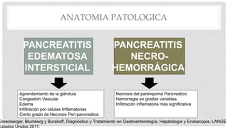 ANATOMIA PATOLOGICA
PANCREATITIS
EDEMATOSA
INTERSTICIAL
PANCREATITIS
NECRO-
HEMORRÁGICA
Agrandamiento de la glándula
Congestión Vascular
Edema
Infiltración por células Inflamatorias
Cierto grado de Necrosis Peri pancreática
Necrosis del parénquima Pancreático
Hemorragia en grados variables.
Infiltración inflamatoria más significativa
Greenberger, Blumberg y Burakoff, Diagnóstico y Tratamiento en Gastroenterología, Hepatología y Endoscopia, LANGE
 