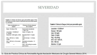 SEVERIDAD
5.- Guía de Practica Clínica de Pancreatitis Aguda Asociación Mexicana de Cirugía General México 2014.
 