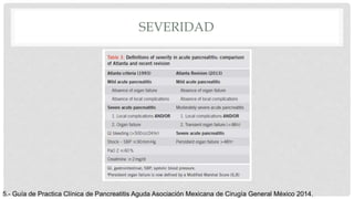 SEVERIDAD
5.- Guía de Practica Clínica de Pancreatitis Aguda Asociación Mexicana de Cirugía General México 2014.
 