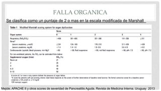 FALLA ORGANICA
Se clasifica como un puntaje de 2 o mas en la escala modificada de Marshall
Mejide. APACHE II y otros scores de severidad de Pancreatitis Aguda. Revista de Medicina Interna. Uruguay 2013
 