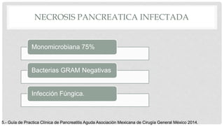 NECROSIS PANCREATICA INFECTADA
Monomicrobiana 75%
Bacterias GRAM Negativas
Infección Fúngica.
5.- Guía de Practica Clínica de Pancreatitis Aguda Asociación Mexicana de Cirugía General México 2014.
 